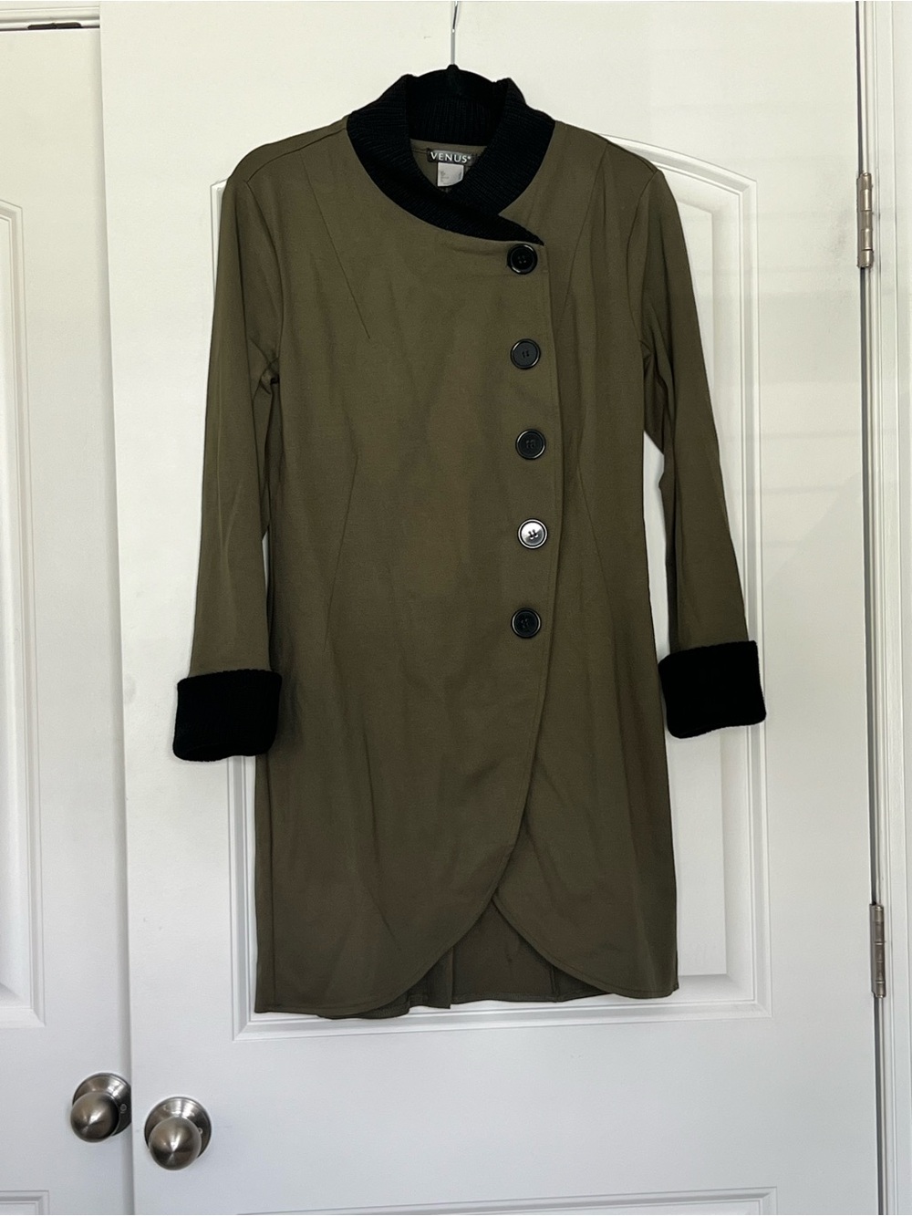 Venus Olive Green Asymmetrical Button-Front Long Sleeve Jacket Coat Dress Size 8